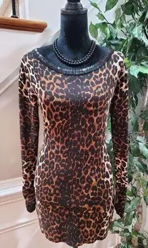 Inc Brown & Black Animal Print Round Neck Long Sleeves Casual Sweater Size Large