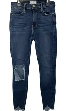 FRAME Le High Skinny Triangle Hem Jeans Size 27 Blue Raw Hem Distressed Knee