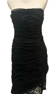 Victor Costa Vintage 1980s Black Ruched Strapless Lace Hem Gothic Cocktail Sz 6