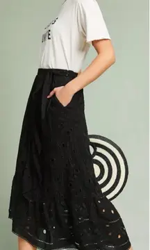 Anthropologie Maeve Nicia Black Faux Wrap Eyelet Ruffle Midi Skirt - Sz 4 💚🎀