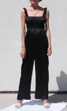 GANNI Crinkle-Effect Smocked Shirred Satin Jumpsuit Black Women's 32 US XXS