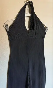 Vintage 90s does 70s Disco Striped‎ Halter Neck Jumpsuit Flared Slinky Sz Small