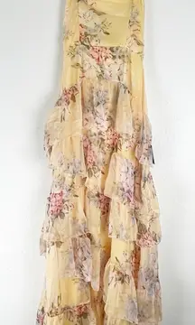 LULUS Niyati Yellow Floral Strapless Lined Tiered Maxi Dress, Size Small