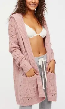 Free People Rose Pink Lemon Drop Hooded Alpaca Pointelle Knit Cardigan Sz XS