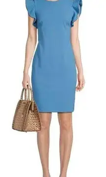 NWT Calvin Klein Ruffled Short Sleeve Crew Neck Scuba Crepe Sheath Dress Size 16