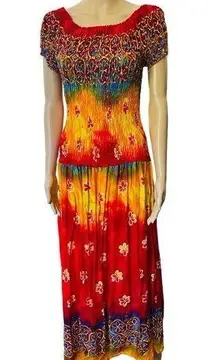 NEW Y2K Hippie Boho Eclectic Indie Tropical Floral Tie Dye Drop Waist Maxi Dress