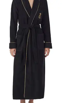 Ralph Lauren Long Sleeve Fleece Monogram Collar Robe Womens Large Belt Tie Black