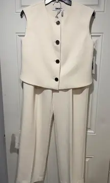 DKNY Off-White Sleeveless Jumpsuit with Button Detail