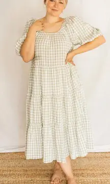 Peony Dress Sage Midi Maxi Gingham Green White Puff M