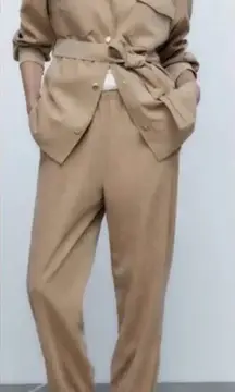Zara High Rise Waist Jogger Pants Ankle Zipper Beige‎ Pull On Women’s Size Small