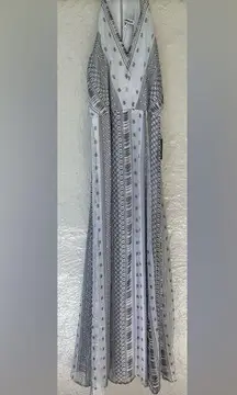 NWT Express fully lined, silver, white halter neck, back slit maxi dress; XS