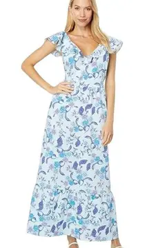 NWT  H Halston  Sleeveless Batik Blossom Angle Blue Ruffled Strap Dress