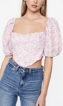 Kiah Pink Blossom Floral Puff Sleeve Corset Top