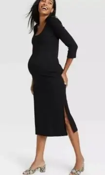 The Nines By Hatch Maternity Black Ribbed Slit Midi Dress