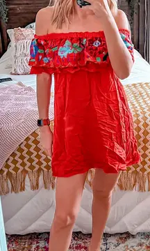 Red Off The Shoulder Dress With Floral Detail