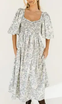 Zoco Blue Gala Blue Ivory Floral Midi Dress