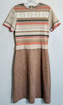 Bleeker Street Vintage 1960s Short Sleeve Midi Knit Dress‎ Women's 8 Tan Coral