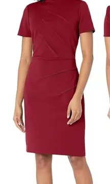 MAGGY LONDON Pintuck Detailed Mock Neck Dress Red Short Sleeve Sheath Dress 12