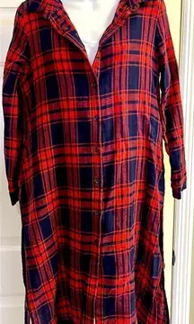 Monoreno Long Red and Navy Blue Plaid Oversized Flannel Dress Shirt- Medium