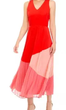 Taylor Sleeveless Pleated Colorblock Pink Red Dress V-Neck M
