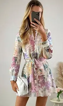 Linen Blend Floral Button Front Belted Long Sleeve Mini Dress