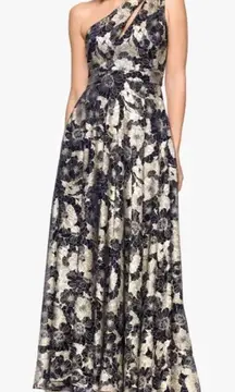 Betsy & Adam - Gwen Long One Shoulder Wrap Foil Flower Dress