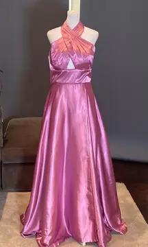 Women’s Pink Cross Halter Neck Full Length Satin Prom Party Dress Corset Size 10