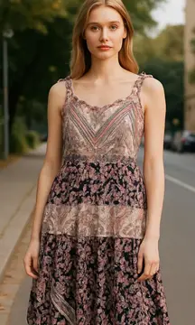 NWOT Abel The Label X Anthropologie Tired Smocked Maxi Dress Patch Work