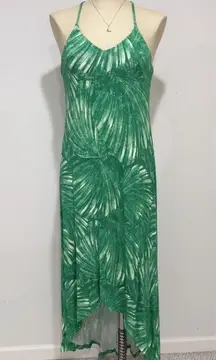 C&C California Green Palm Print Stretch Beach Boho Hi-Low Hem Maxi Dress Size S