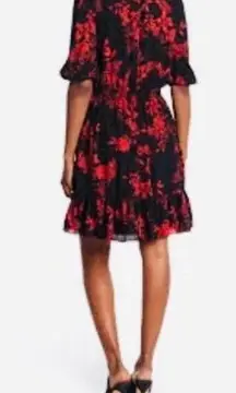 Nanette Lepore  Floral Flounce Hem Dress Black Red Puff Sleeves Size 10 Women's