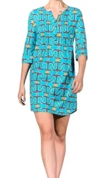 Tracy Negoshian Blue Anchor Print Half Button Front Long Sleeve‎ Shift Dress M
