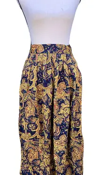 Vintage 90s  Classic Rayon Midi Skirt Blue Yellow Paisley Print 12