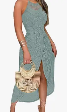 NEW Sage Green Halter Dress A Line Eyelet Crochet Midi Dress M