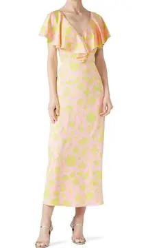 Kate Spade  New York Yellow Pink Floral Splash Ruffle Satin Maxi Dress