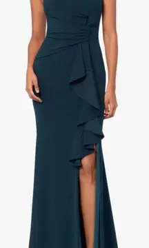 Betsy & Adam "Christine" Scuba Crepe Ruffled Bow Gown In‎ Pine Green New Size 16