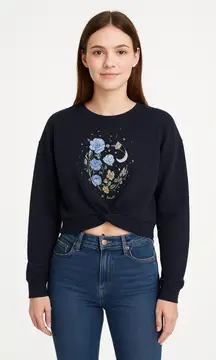 Cut & Paste Black Floral Astrology Planets Cropped Pullover Sweatshirt Size M