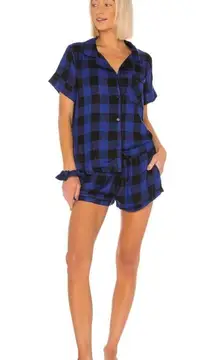 Revolve Plush Pajama Shorts Set M Ultra Soft Plaid Blue Black Lounge Comfy