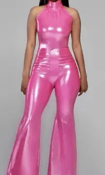 Michele Lopez Diana Bell Bottom Fitted Jumpsuit Large Barbie Pink Halter Zip