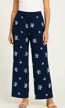 Elie Tahari Navy Embroidered Wide Leg Pants –Linen Blend White Palm Print Size 8