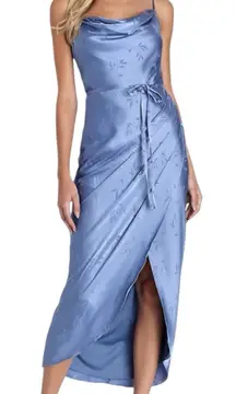 NWOT Lulus Sophisticated Sight Periwinkle Satin Jacquard Cowl Midi Dress XXL