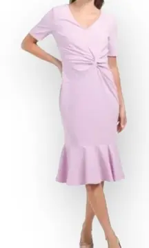 London Times Twist Front Dress Womens 6 Lavender Knee Length V-Neck Short Sleeve