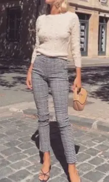 Zara Herringbone Trouser Pants Sz Large Ruffle Pockets High Rise Black White Red