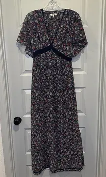 Navy Floral Print V Neck Short Sleeve Maxi Dress S