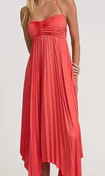Express Satin Pleated Tie Halter Sweetheart Asymmetrical Midi Dress Coral Small