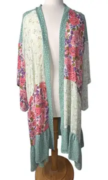GIGIO USA Floral Patchwork Kimono Duster Green Pink‎ Bohemian Women Size Medium