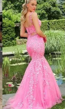 MORI LEE Bright Pink 2 Piece Floral Sparkly Lace Up Prom Gown