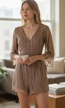 Abercrombie & Fitch Sequin Embellished Romper Size 00 Brown Lace Long Sleeve