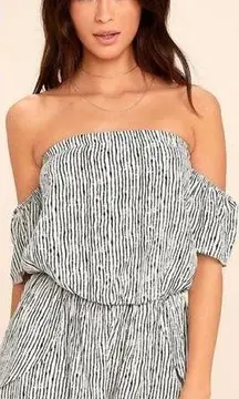 NWOT Lulu’s Get-Together Black White Striped Off-the-Shoulder Romper