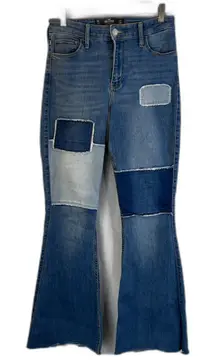 Hollister Patchy Patchwork Flare Leg Denim Jeans Raw Hem High Rise JRS SZ 5R-27