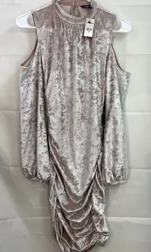 NEW Express women's pink tan‎ crushed velvet cold shoulder ruched stretch dress